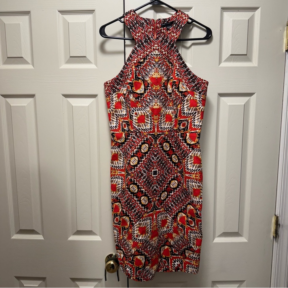 Maggy London Red and Black Halter Sheath Midi Dress